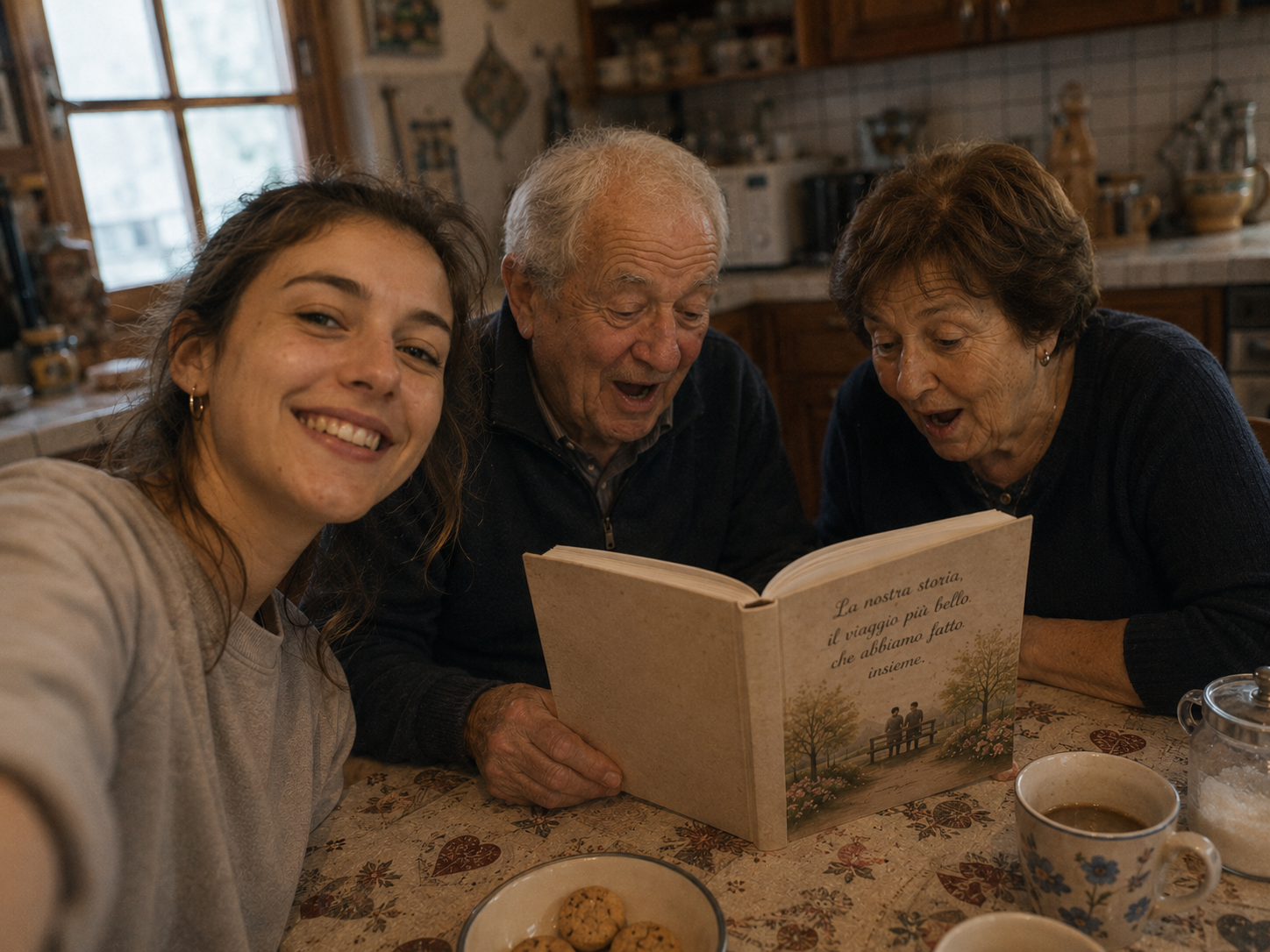 Genitori anziani sfogliano un libro ricevuto dai figli