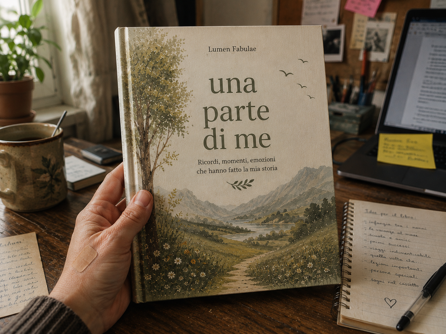 Libro di memorie personali davanti a un computer e a un quaderno