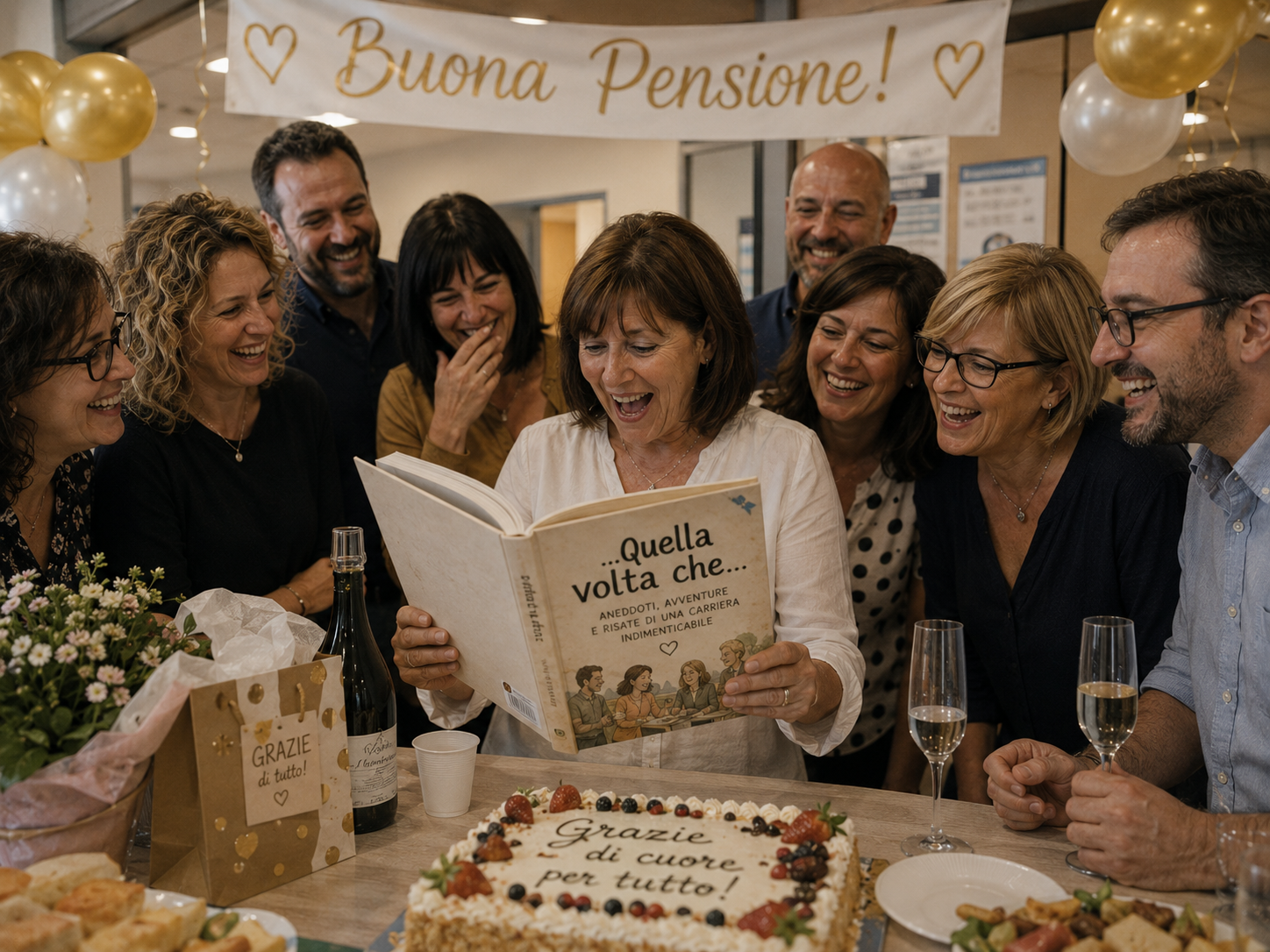 Colleghi regalano un libro di aneddoti durante una festa di pensionamento